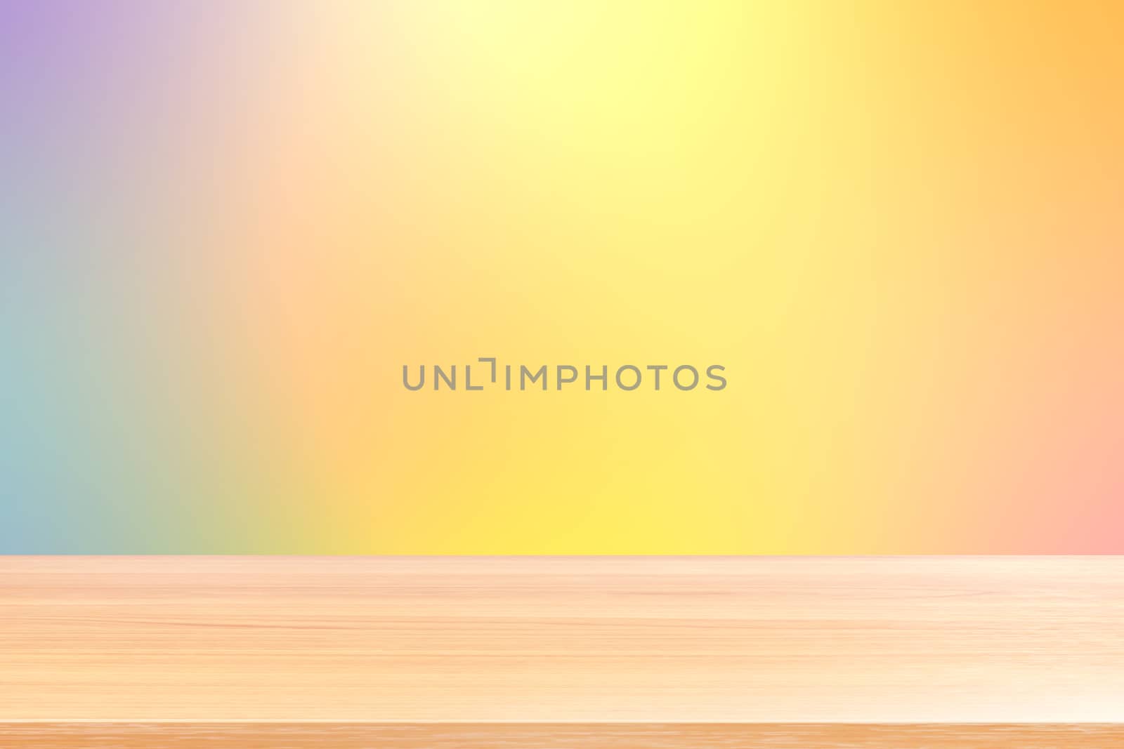 empty wood table floor on gradient yellow orange soft background, wood table board empty front colorful gradient, wooden plank blank on light orange gradient for display products or banner advertising