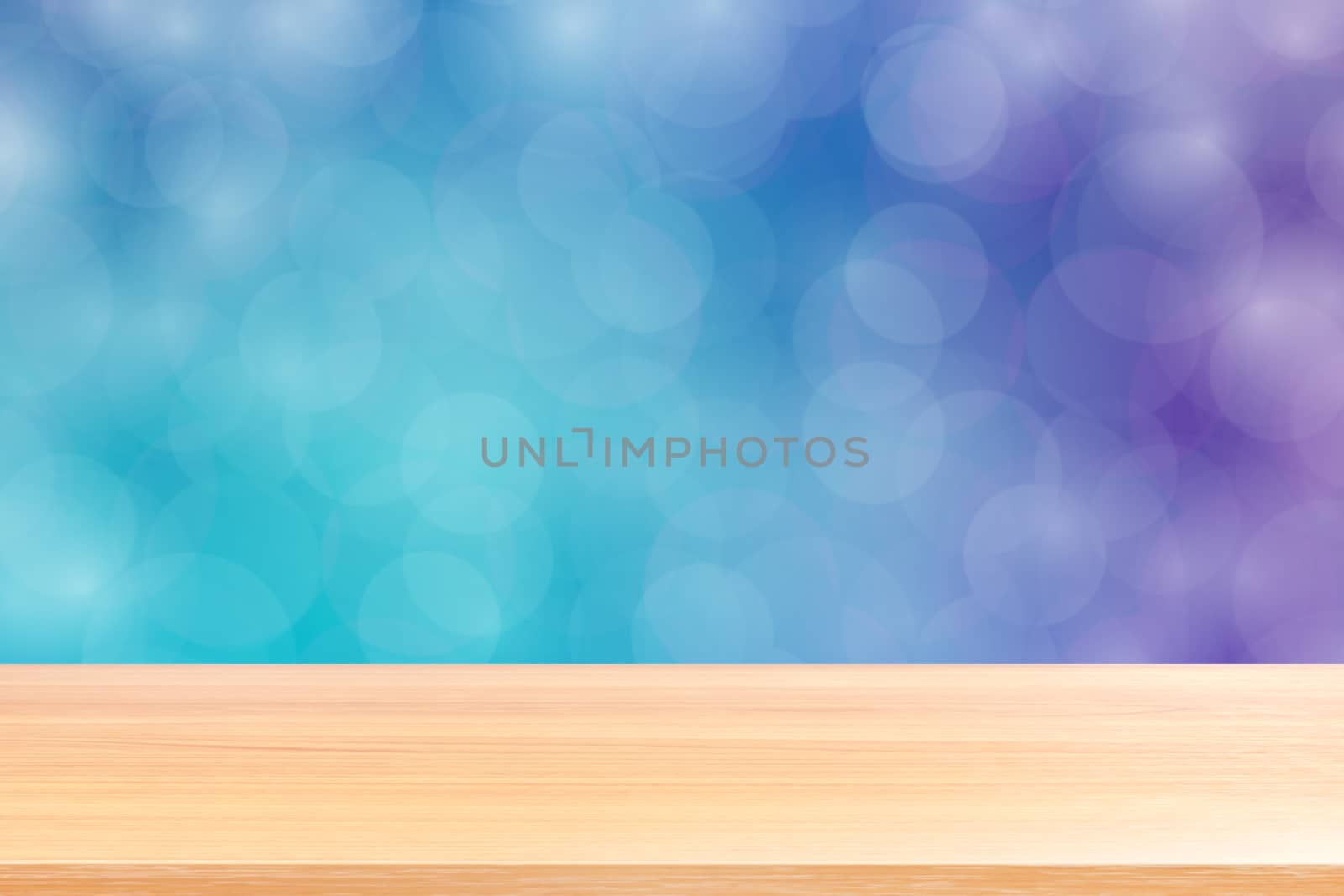 empty wood table floor on blurred bokeh soft blue gradient background, wooden plank empty on blue bokeh colorful light shade, colorful bokeh lights gradient blue soft for banner advertising products by cgdeaw