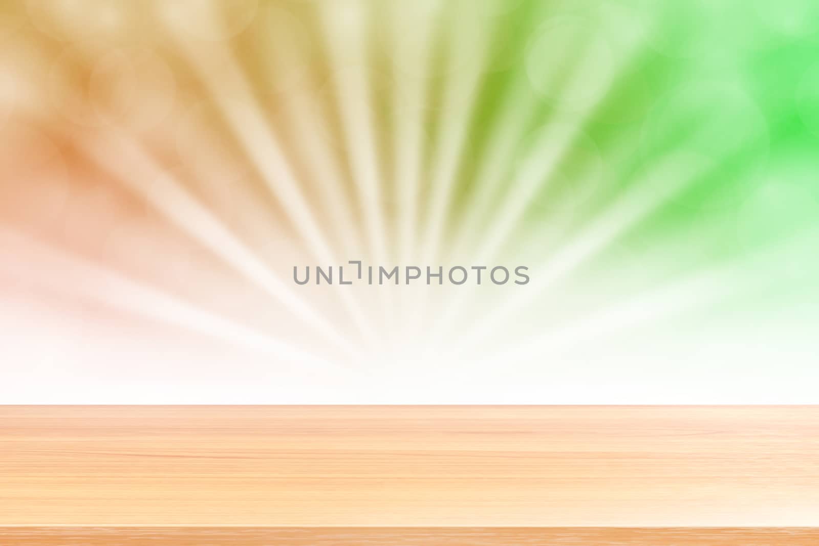 empty wood table floors on soft green bokeh lights beam shine gradient background, wooden plank empty on green bokeh colorful light shine, colorful bokeh lights gradient soft for banner advertising