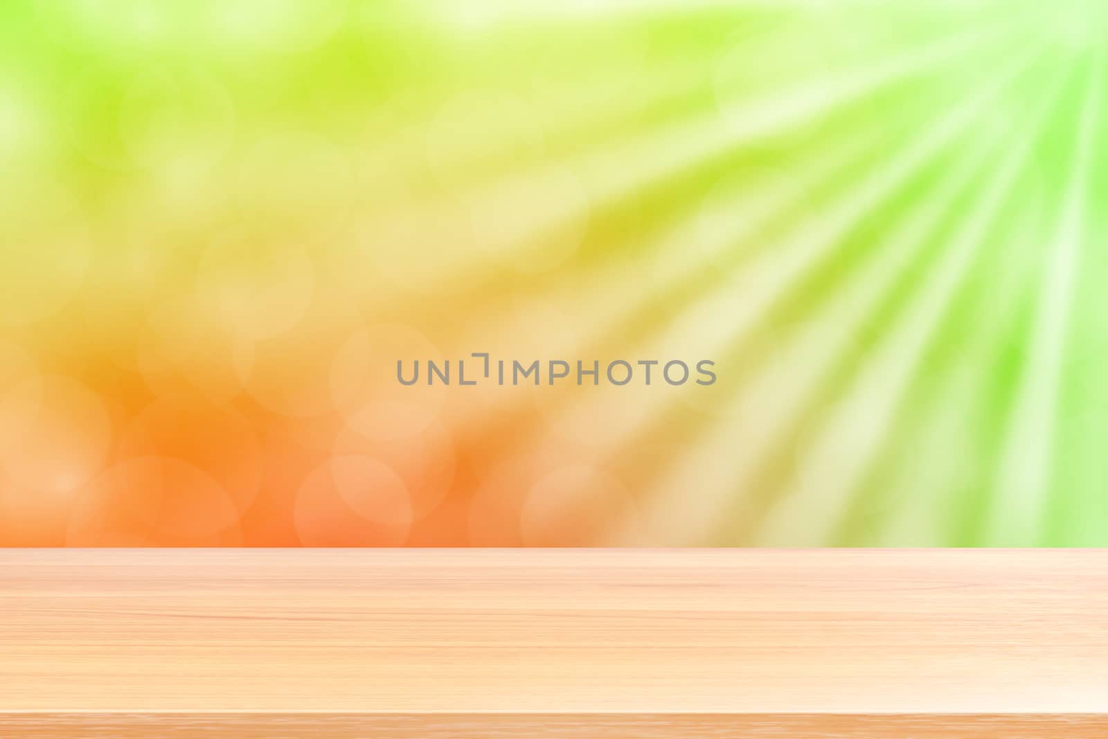 empty wood table floors on soft green bokeh lights beam shine gradient background, wooden plank empty on green bokeh colorful light shine, colorful bokeh lights gradient soft for banner advertising by cgdeaw
