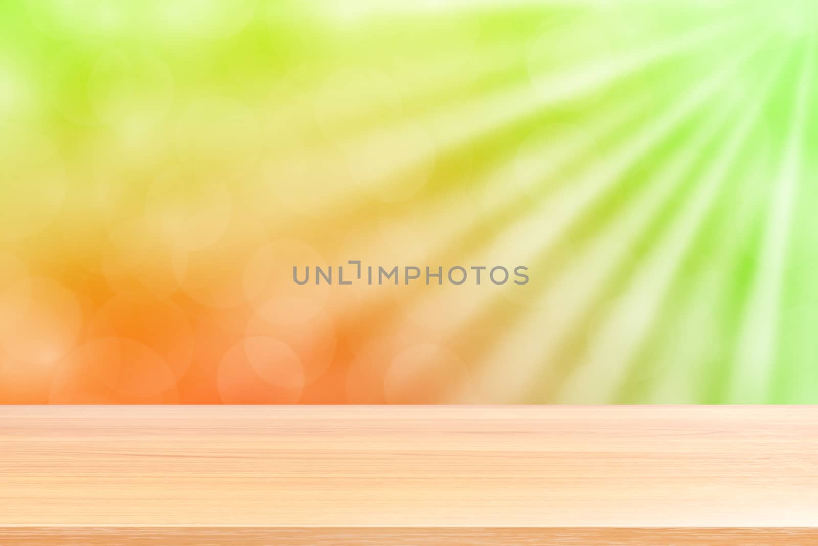 empty wood table floors on soft green bokeh lights beam shine gradient background, wooden plank empty on green bokeh colorful light shine, colorful bokeh lights gradient soft for banner advertising