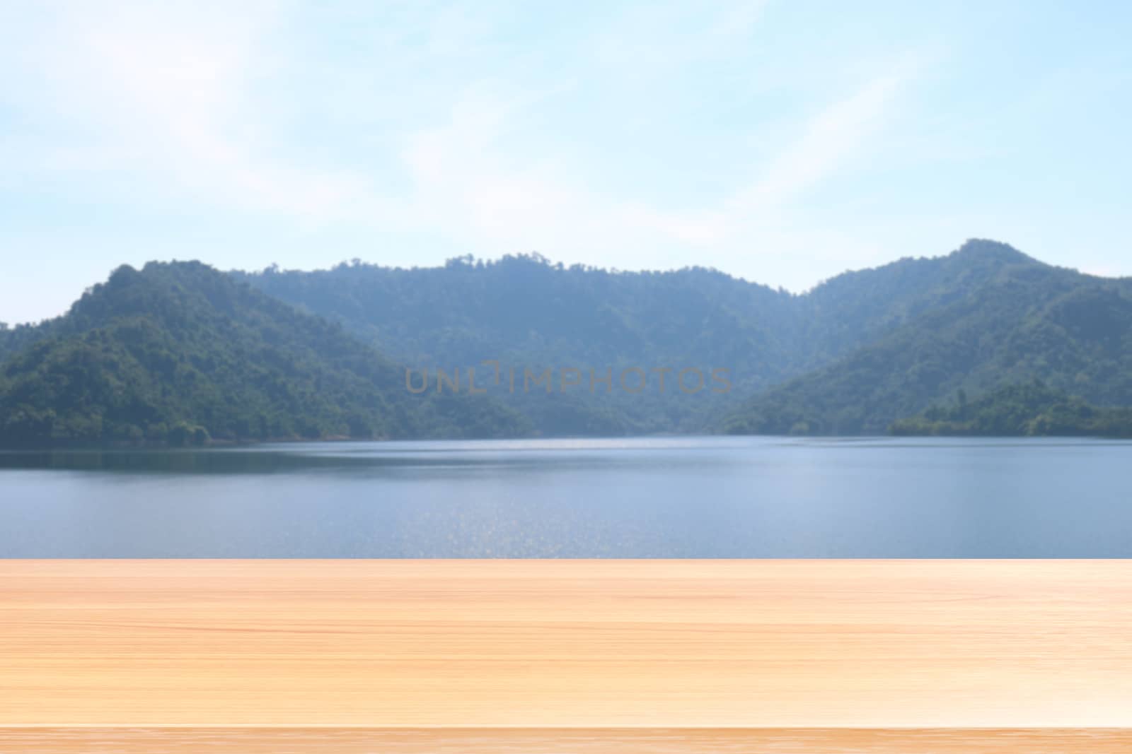 empty wood table floors on blurred river and mountain landscape background, wood table board empty front lagoon nature, wooden plank blank on lagune and sky for mock up display products by cgdeaw