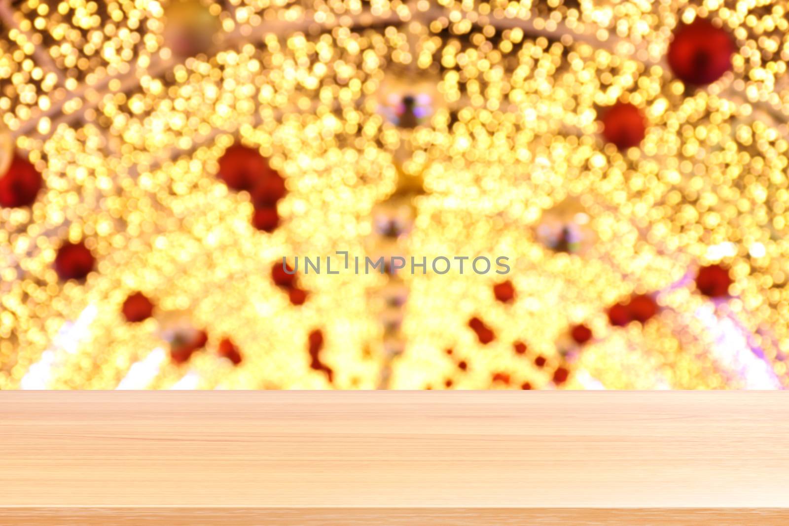 wood plank on arch bokeh golden yellow colorful background, empty wood table floors on door facade bokeh glitter light gold luxury, wood table board empty front arched entrance glittering gold light by cgdeaw