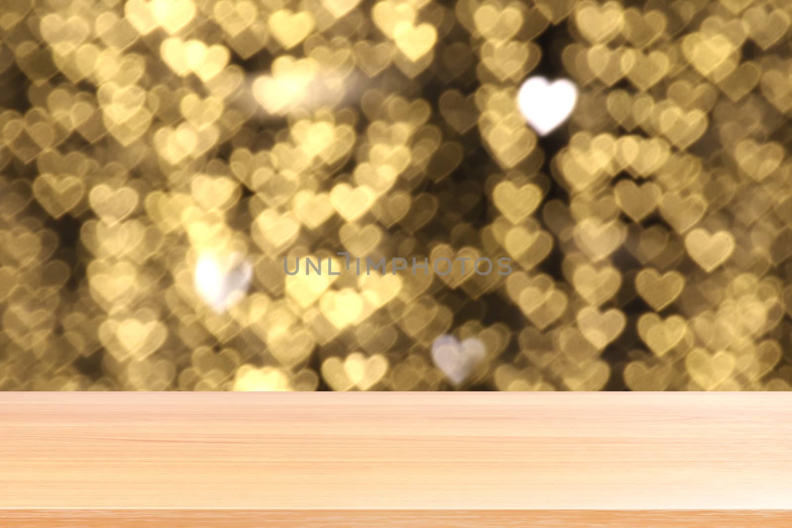 wood plank on bokeh lights heart shape soft gold background valentine, empty wood table floors on heart lights shape background colorful golden, wood table board empty on bokeh heart shape gold