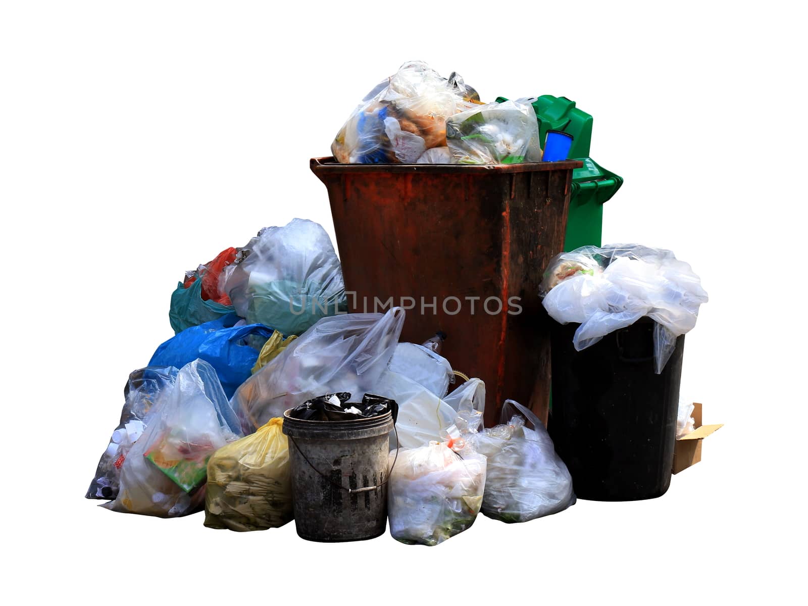 Bin, trash bag plastic, Garbage bag pile, Pollution from waste plastic, pile of bin trash junk dirty and garbage bag many isolated on white background