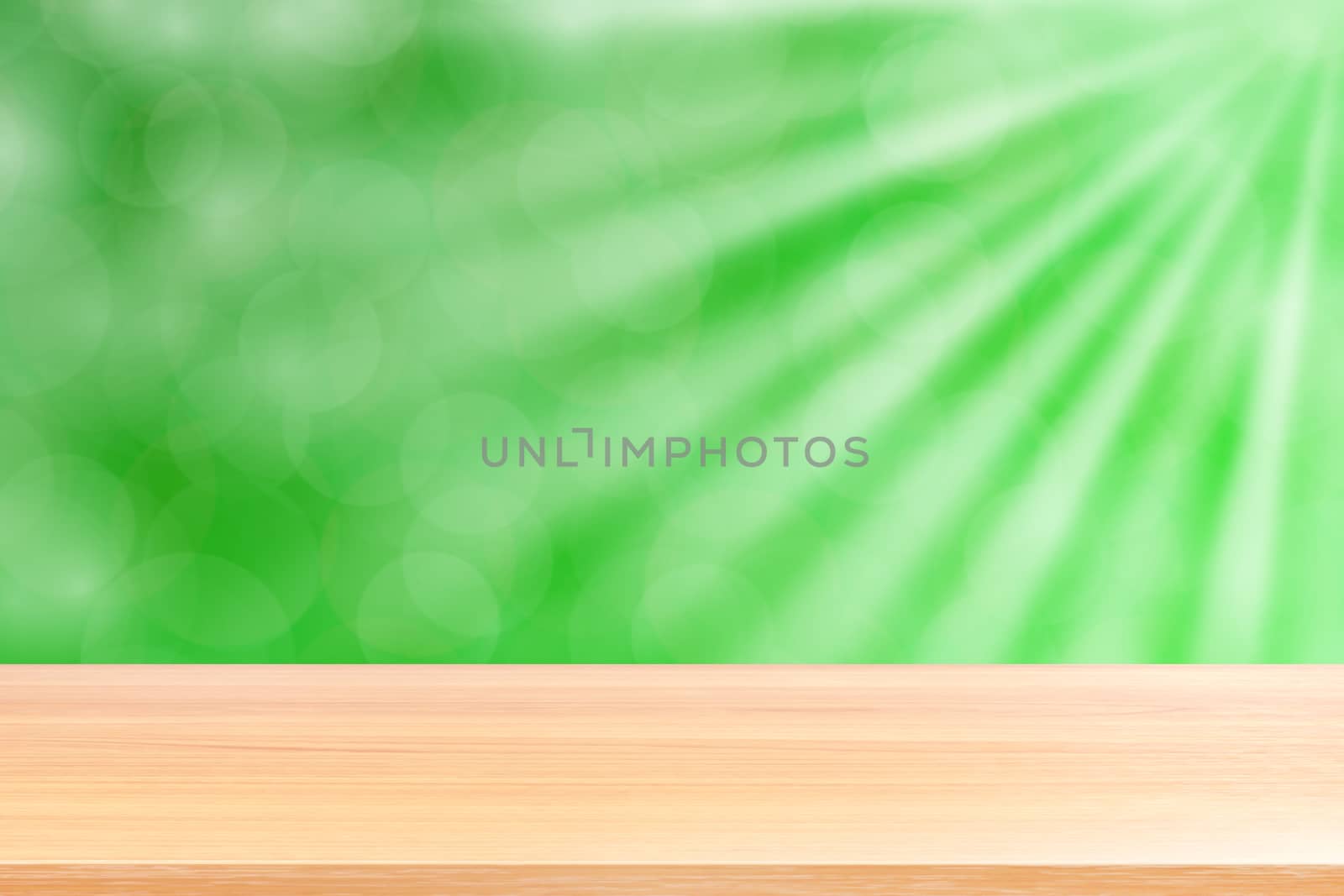 empty wood table floors on soft green bokeh lights beam shine gradient background, wooden plank empty on green bokeh colorful light shine, colorful bokeh lights gradient soft for banner advertising by cgdeaw