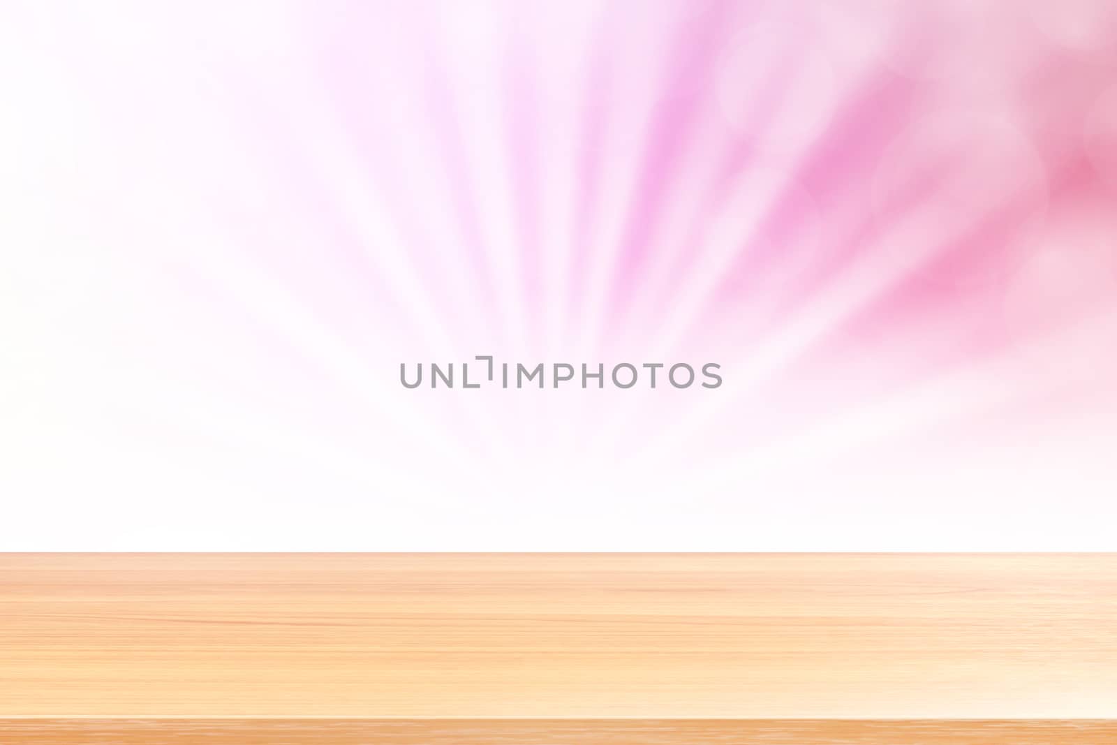 empty wood table floors on soft pink bokeh lights beam shine gradient background, wooden plank empty on pink bokeh colorful light shine, pink colorful bokeh lights gradient soft for banner advertising