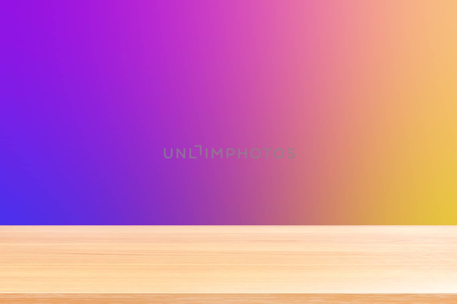 empty wood table floors on gradient purple and yellow soft background, wood table board empty front colorful gradient, wooden plank blank on purple gradient for display products or banner advertising