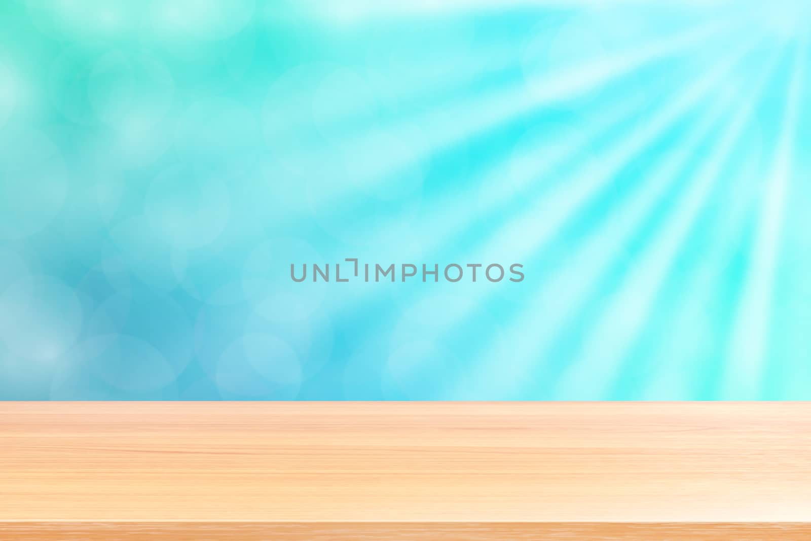 empty wood table floors on soft blue bokeh lights beam shine gradient background, wooden plank empty on blue bokeh colorful light shine, colorful bokeh lights gradient soft for banner advertising by cgdeaw
