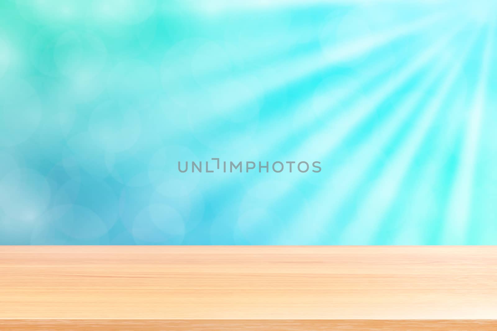 empty wood table floors on soft blue bokeh lights beam shine gradient background, wooden plank empty on blue bokeh colorful light shine, colorful bokeh lights gradient soft for banner advertising