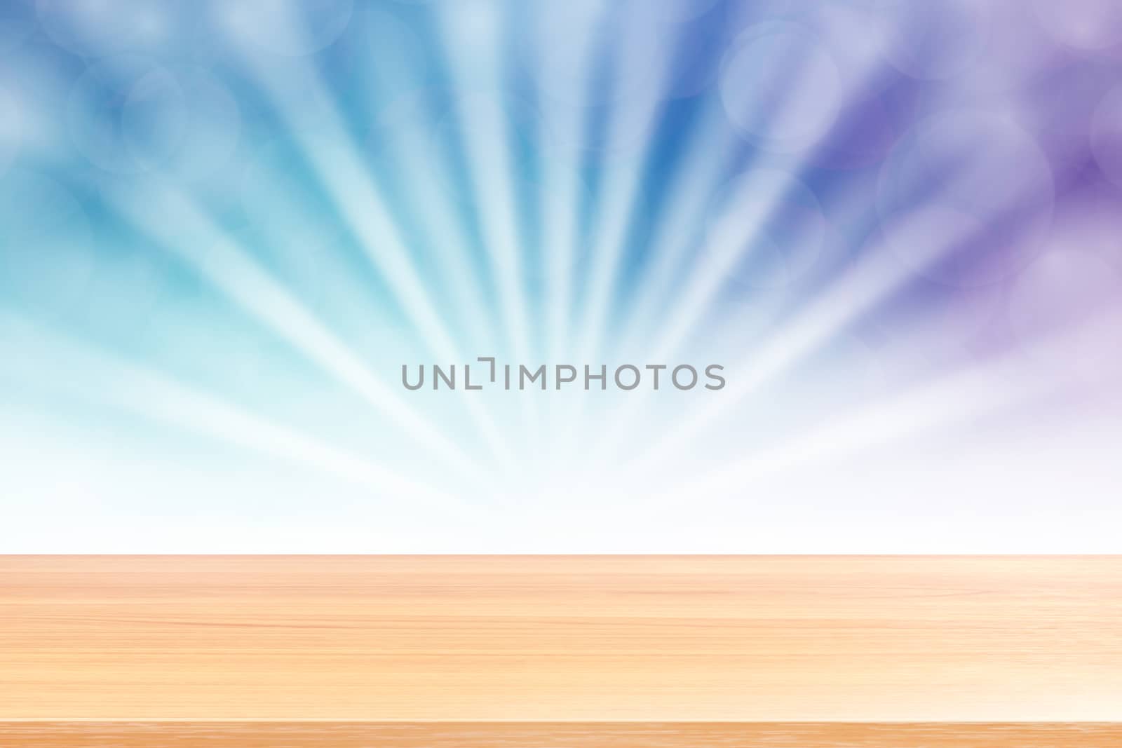 empty wood table floors on soft blue bokeh lights beam shine gradient background, wooden plank empty on blue bokeh colorful light shine, colorful bokeh lights gradient soft for banner advertising by cgdeaw