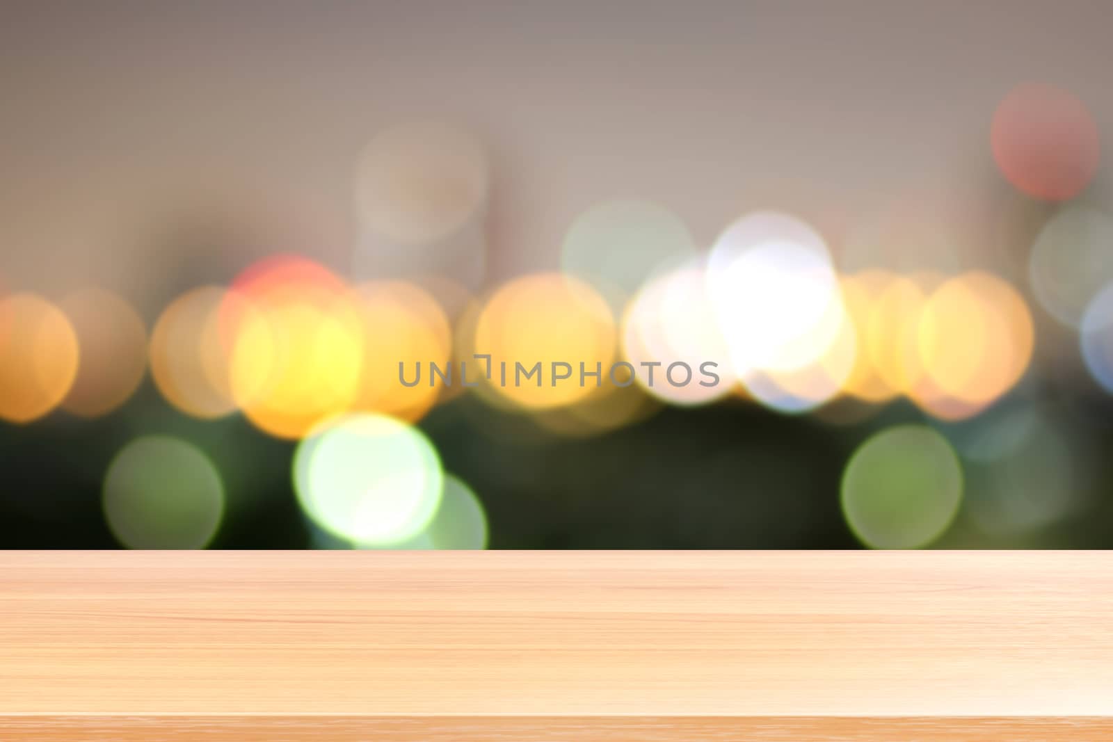 wood plank on blurred colorful bokeh night background, empty wood table floors on abstract night blur city with bokeh colorful light, wood table board empty on bokeh glowing shiny color background by cgdeaw