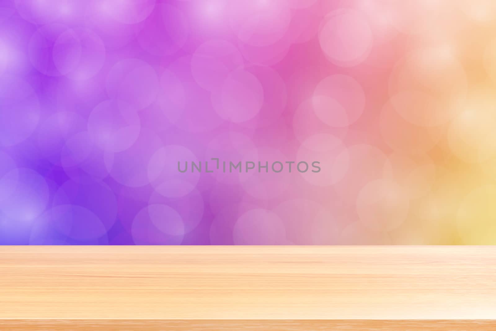 empty wood table floor on blurred bokeh soft purple gradient background, wooden plank empty on purple bokeh colorful light shade, colorful bokeh lights gradient soft for banner advertising products by cgdeaw