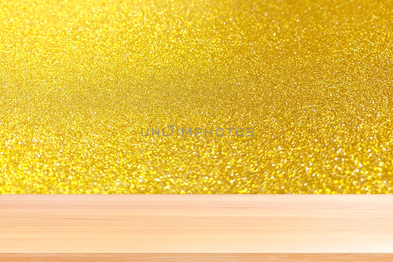 wood plank on blurred golden gritter bokeh lights shine background, wood table board empty on abstract backdrop gold gritter bokeh, wood table board empty on golden amber lights background
