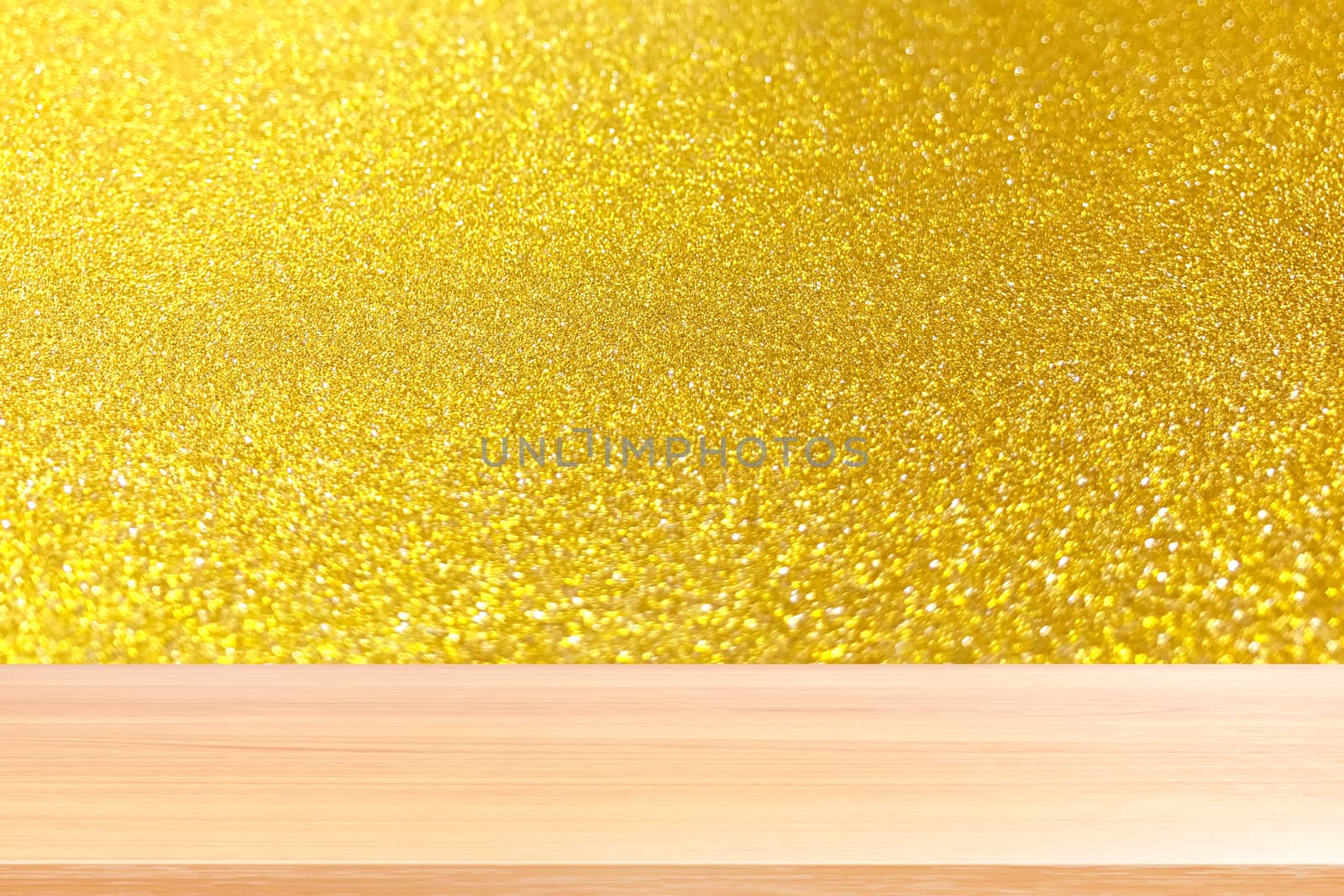 wood plank on blurred golden gritter bokeh lights shine background, wood table board empty on abstract backdrop gold gritter bokeh, wood table board empty on golden amber lights background