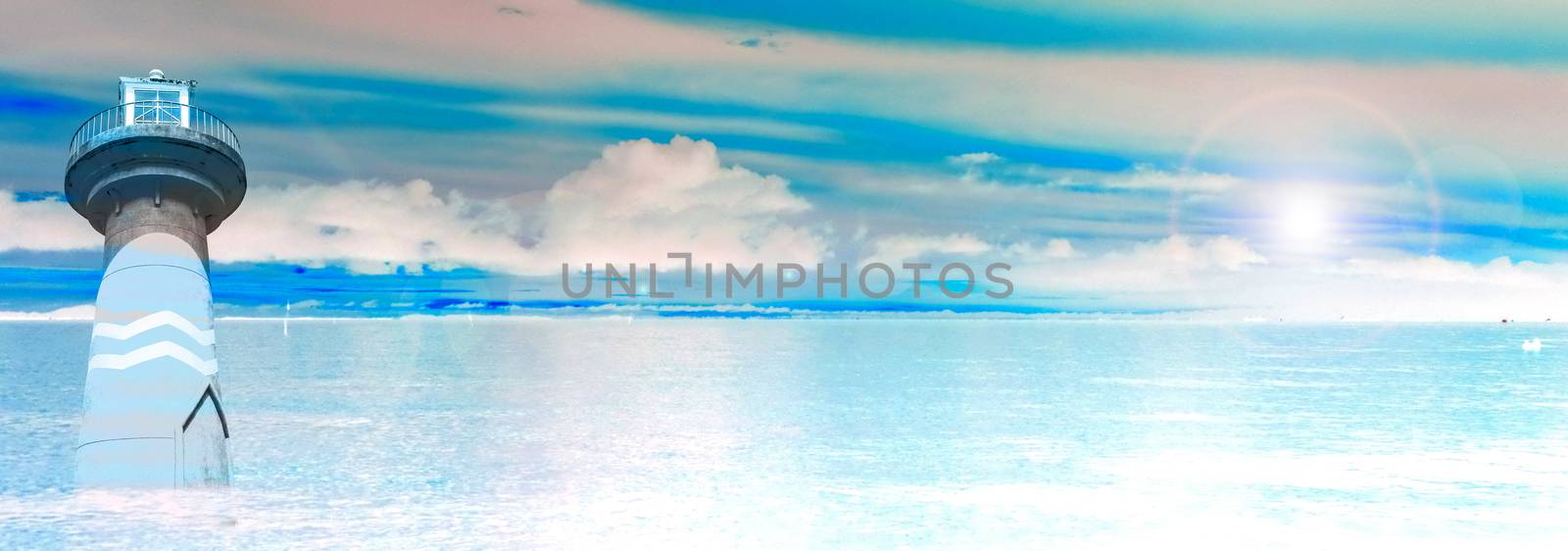 lighthouse blue sea sand sun  sunshine in a day panorama