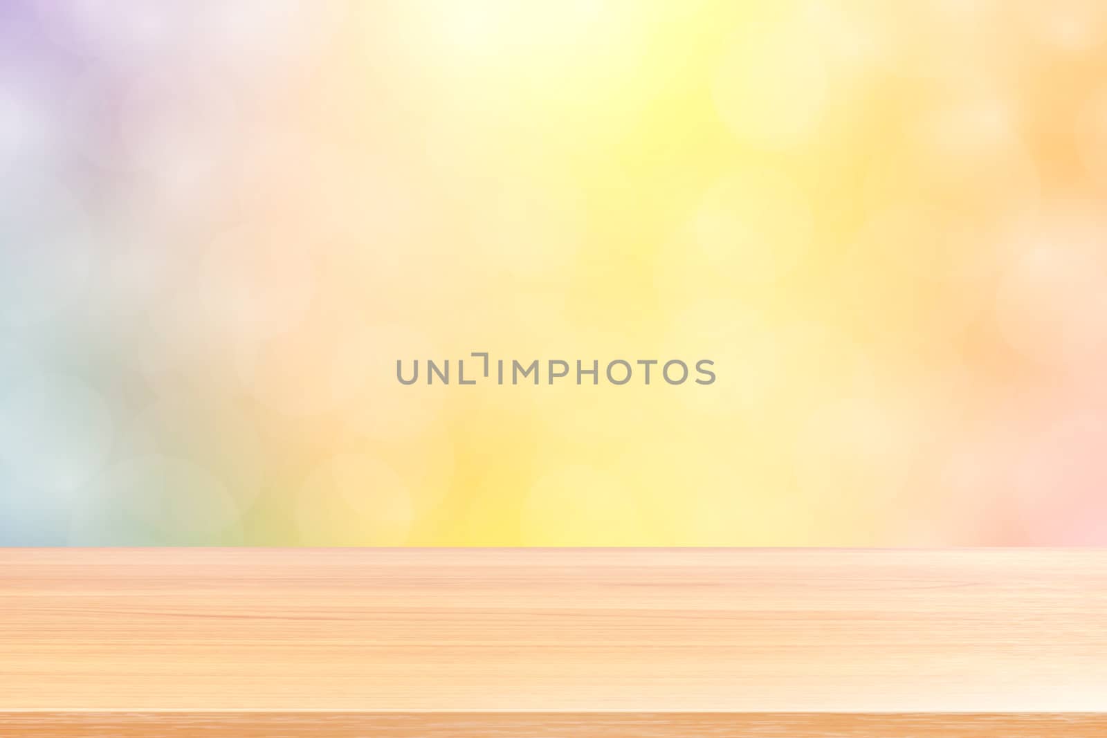 empty wood table floors on blurred bokeh soft orange gradient background, wooden plank empty on orange bokeh colorful light shade, colorful bokeh lights gradient soft for banner advertising products