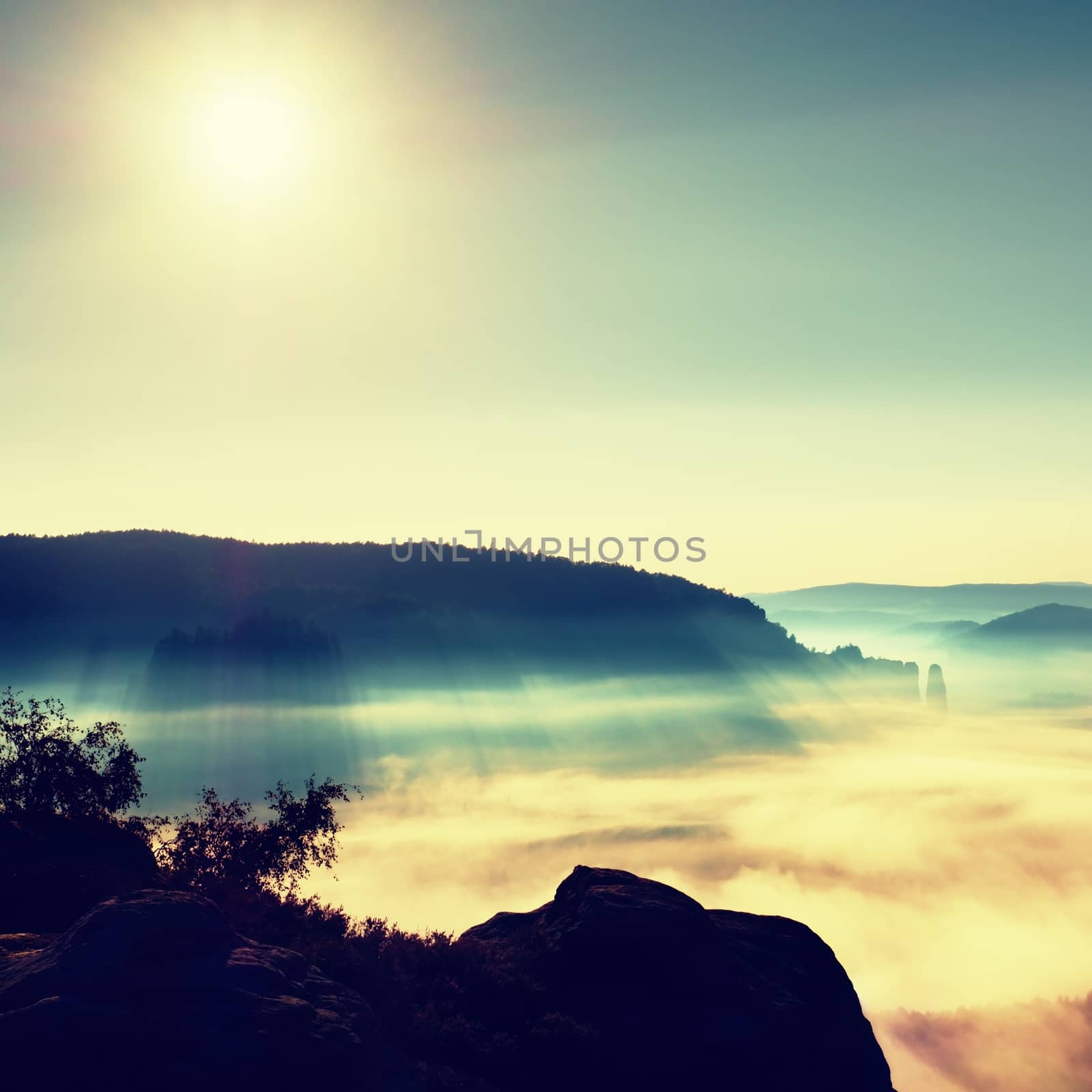 View over sandstone cliff into deep misty valley in Saxony Switzerland. Sandstone peaks increased from foggy background, the fog is orange due to sunrise.