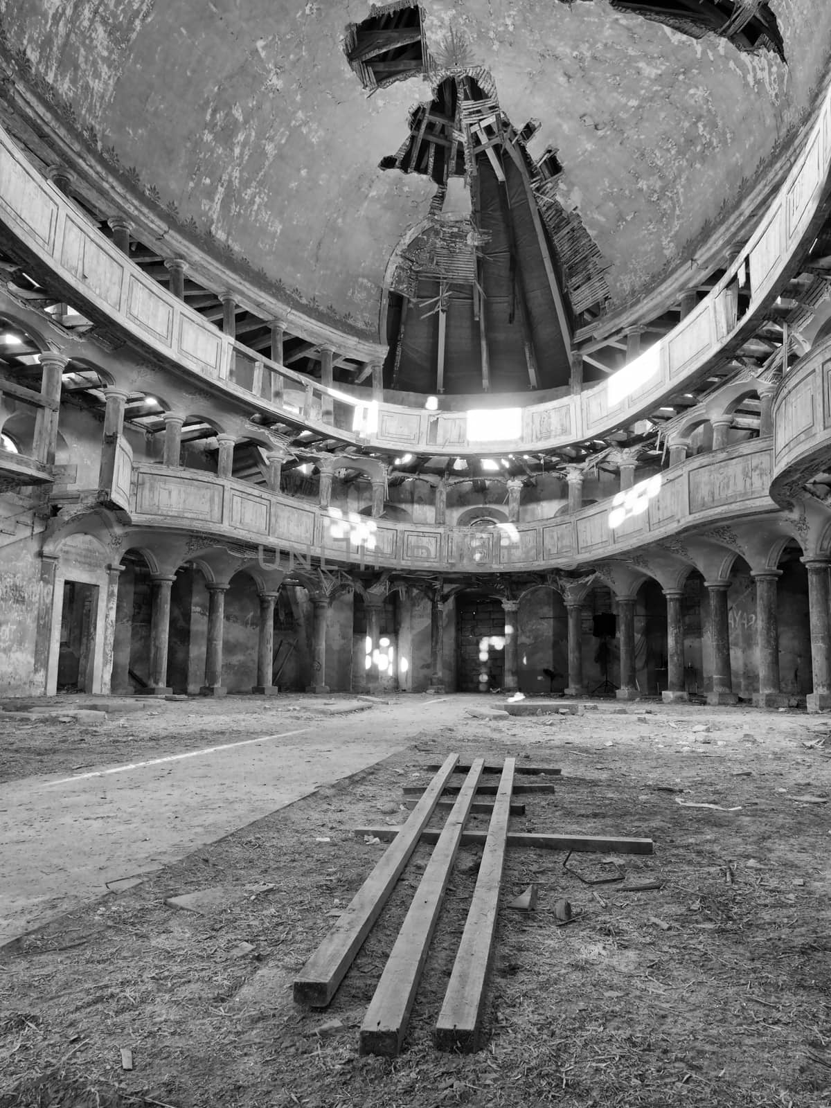 Interier of abandoned church. Vault apse with christian painted ceiling in an abandoned temple