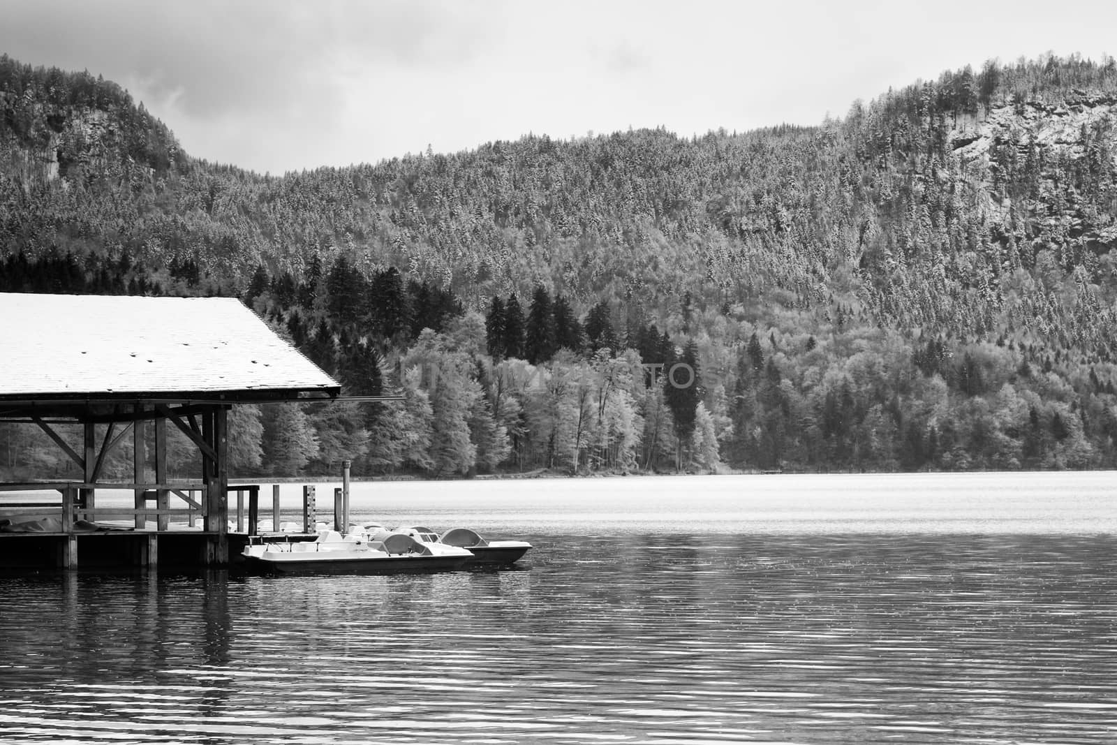 Wooden roof for trip holiday paddle boats. Holiday resort on the shores of beautiful Alpine lake