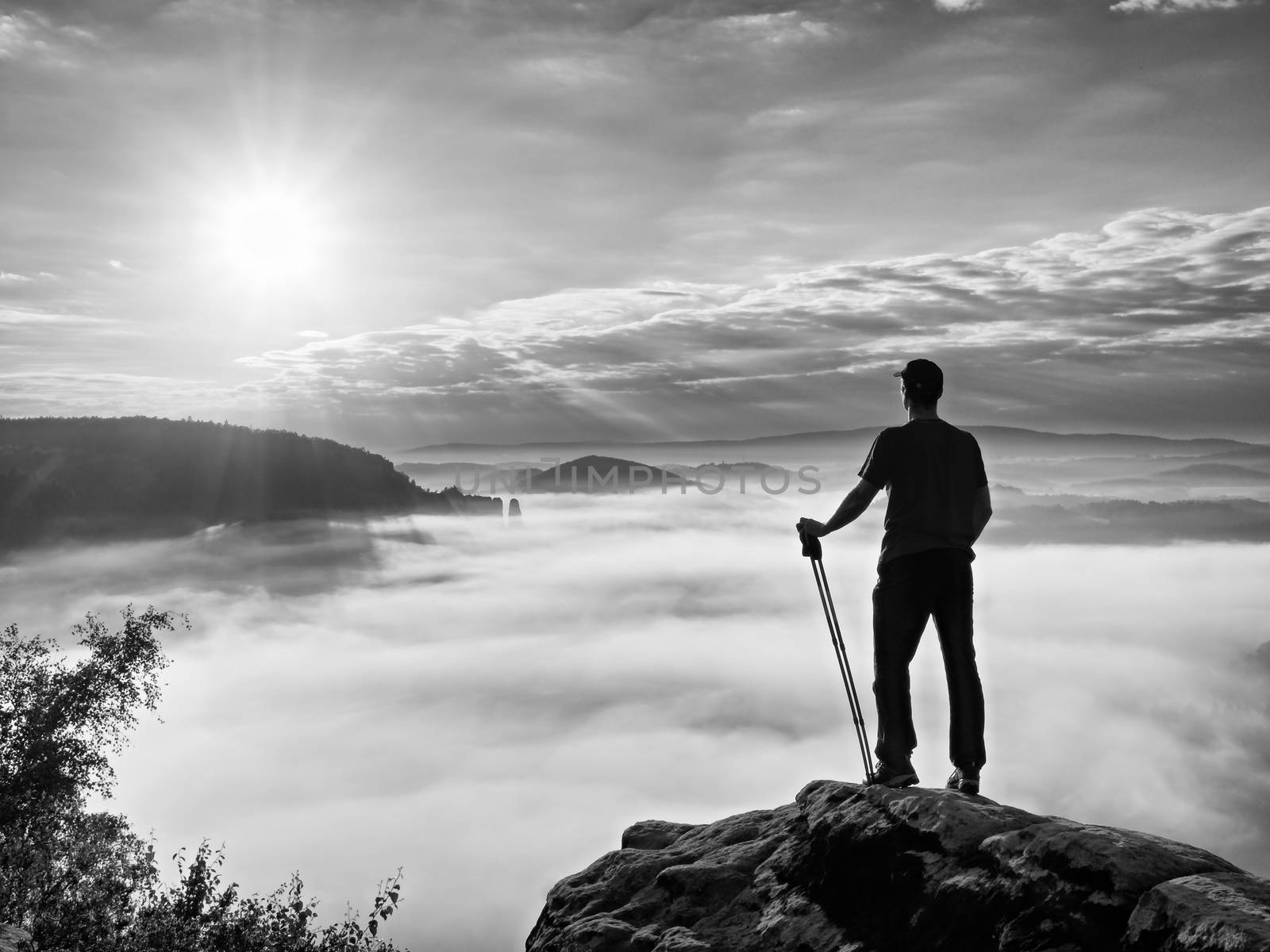 Tall tourist guide on rock with pole in hand. Hiker with sporty equipment above misty valley. Sunny spring daybreak in rocky mountains.