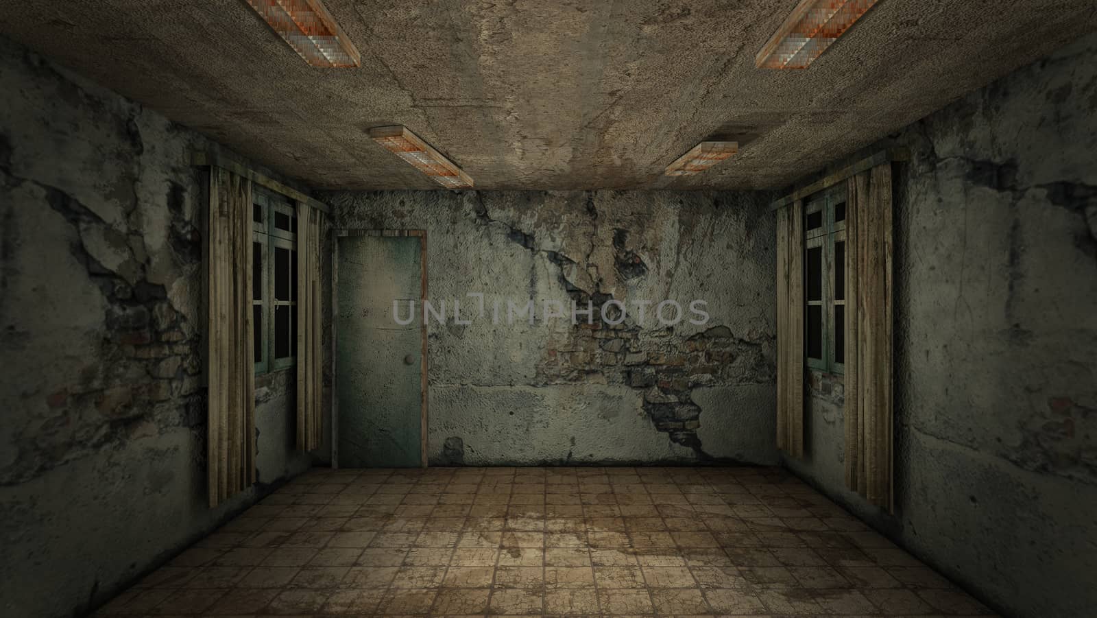 The interior design of horror and creepy damage empty room., 3D rendering. by anotestocker
