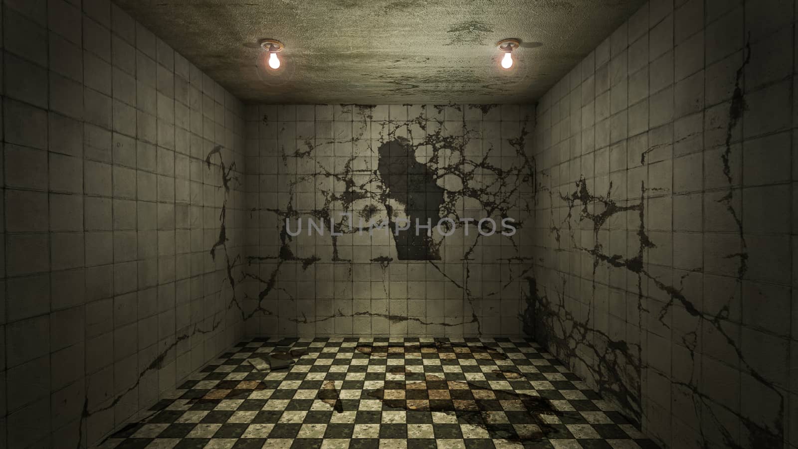 The interior design of horror and creepy damage empty room., 3D rendering.