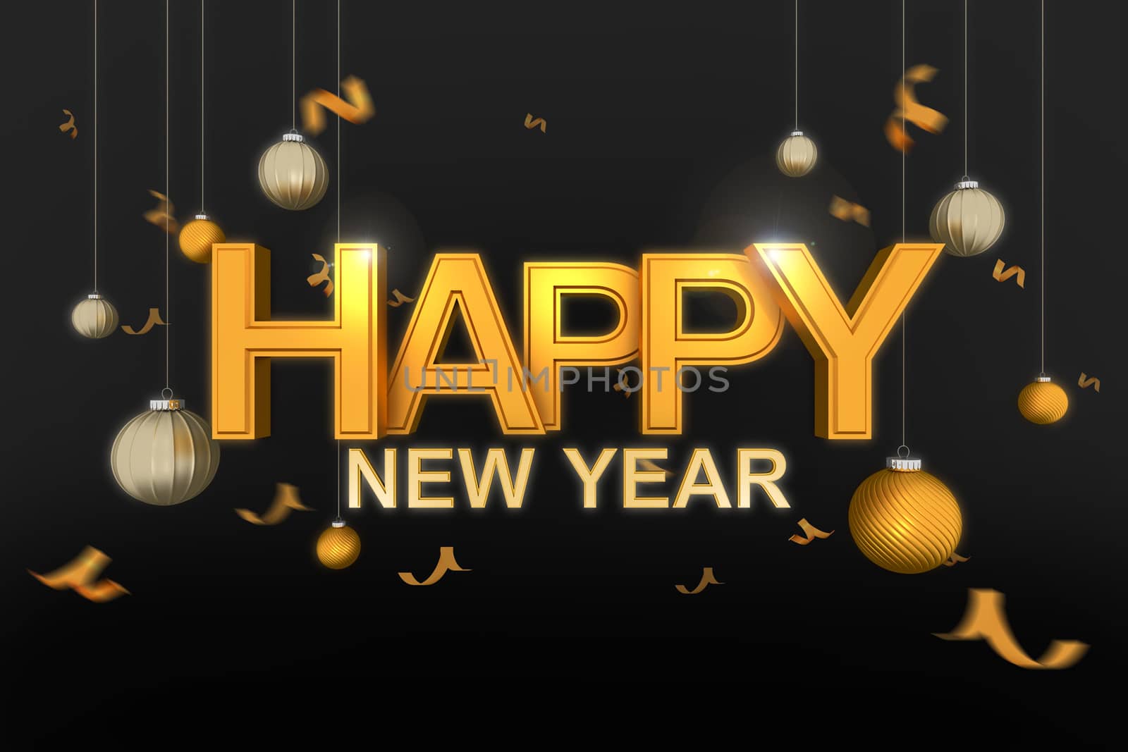 Golden happy new year typography with christmas ball and confetti gold on black background., 3D rendering.