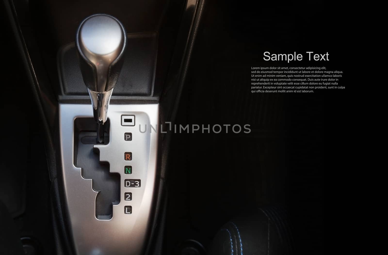 Close up gear stick interior inside bright car.