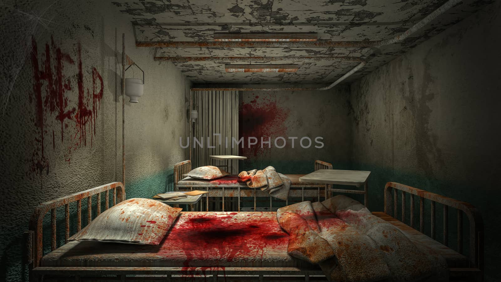 horror and creepy ward room in the hospital with blood .3D rendering by anotestocker