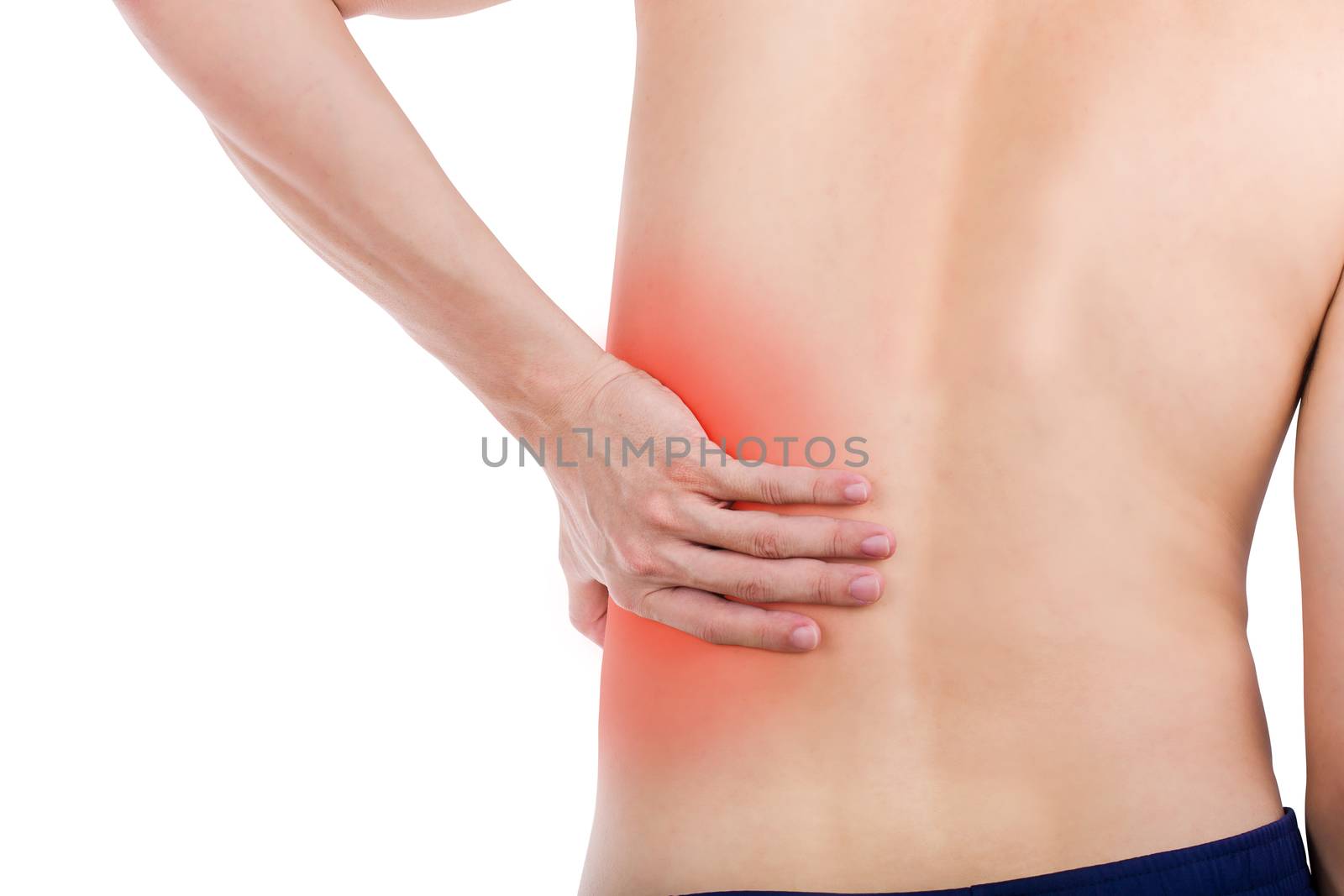 Close up male back pain isolated white background. by jayzynism