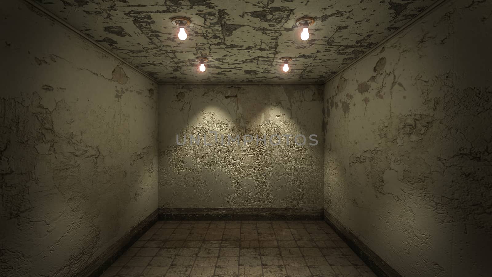 The interior design of horror and creepy damage empty room., 3D rendering.