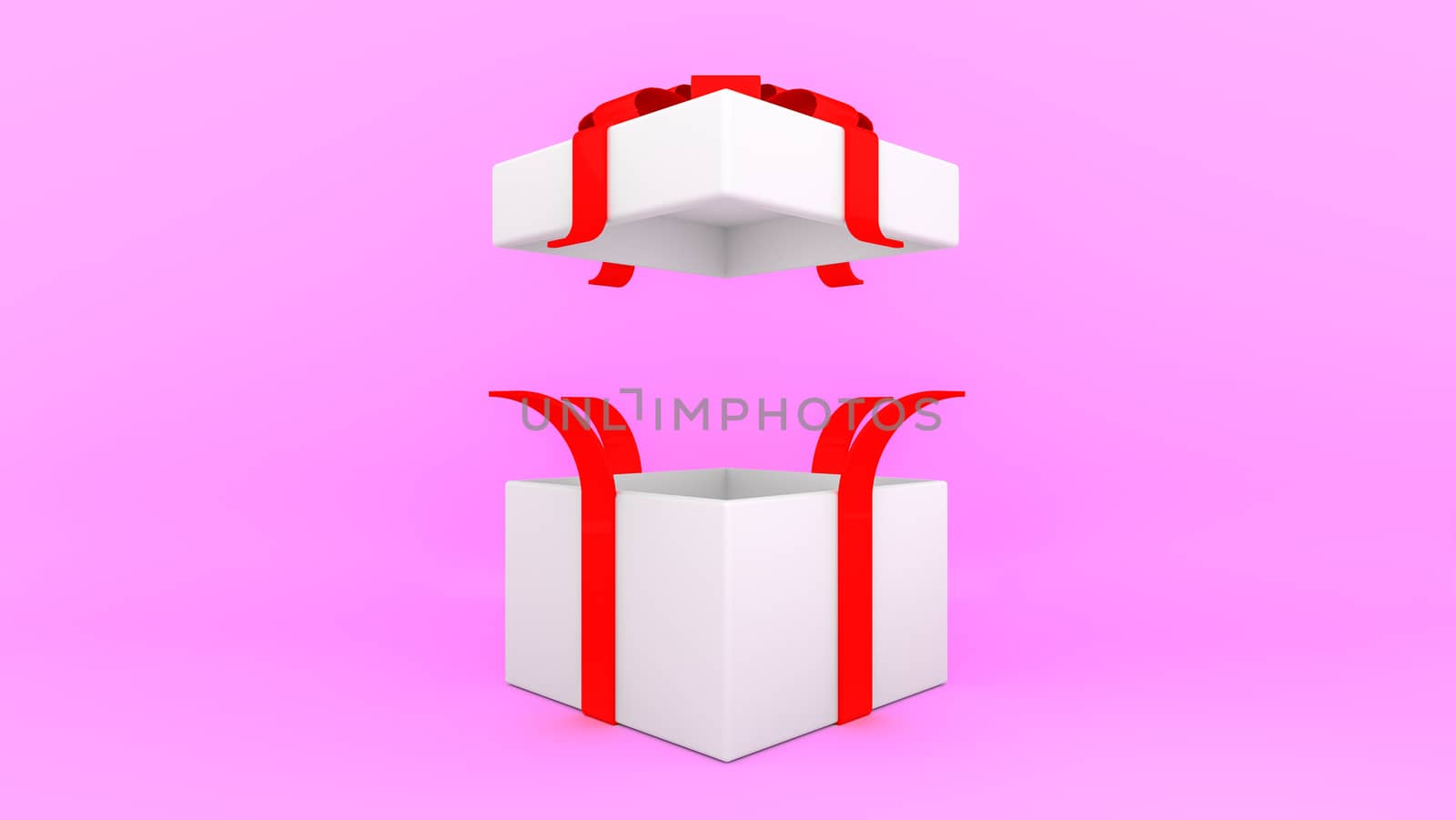 Open white gift box with red ribbon on pink background.,minimal christmas and newyear concept., 3D rendering. by anotestocker