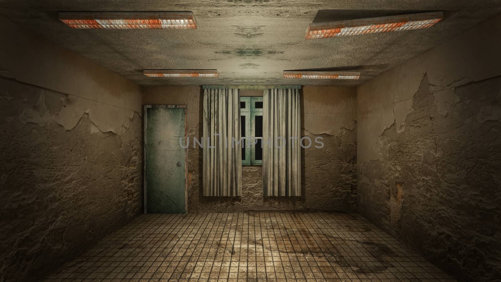 The interior design of horror and creepy damage empty room., 3D rendering. by anotestocker