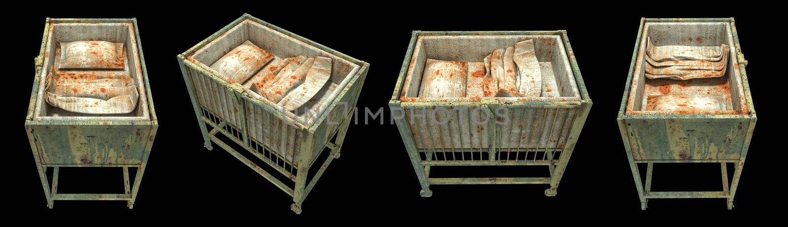 horror creepy and damage Baby cot isolated over black background with clipping path.,3D rendering. by anotestocker