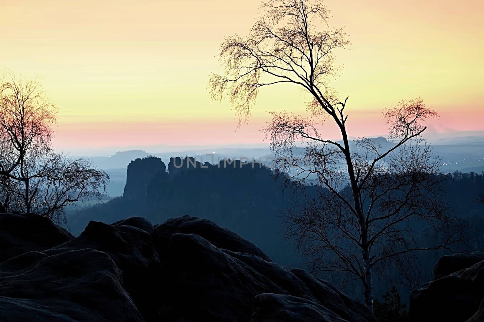 Deep misty valley within sunset. Foggy and misty moment on sandstone view point in national park Saxony Switzerland in Germany.
