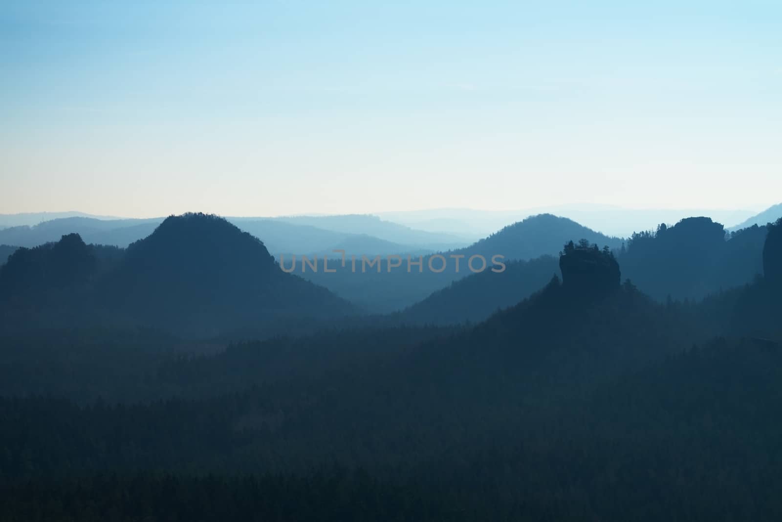 Sunrise in a beautiful mountain of Czech-Saxony Switzerland. Sandstone peaks increased from foggy background, the fog is orange due to sun rays. 