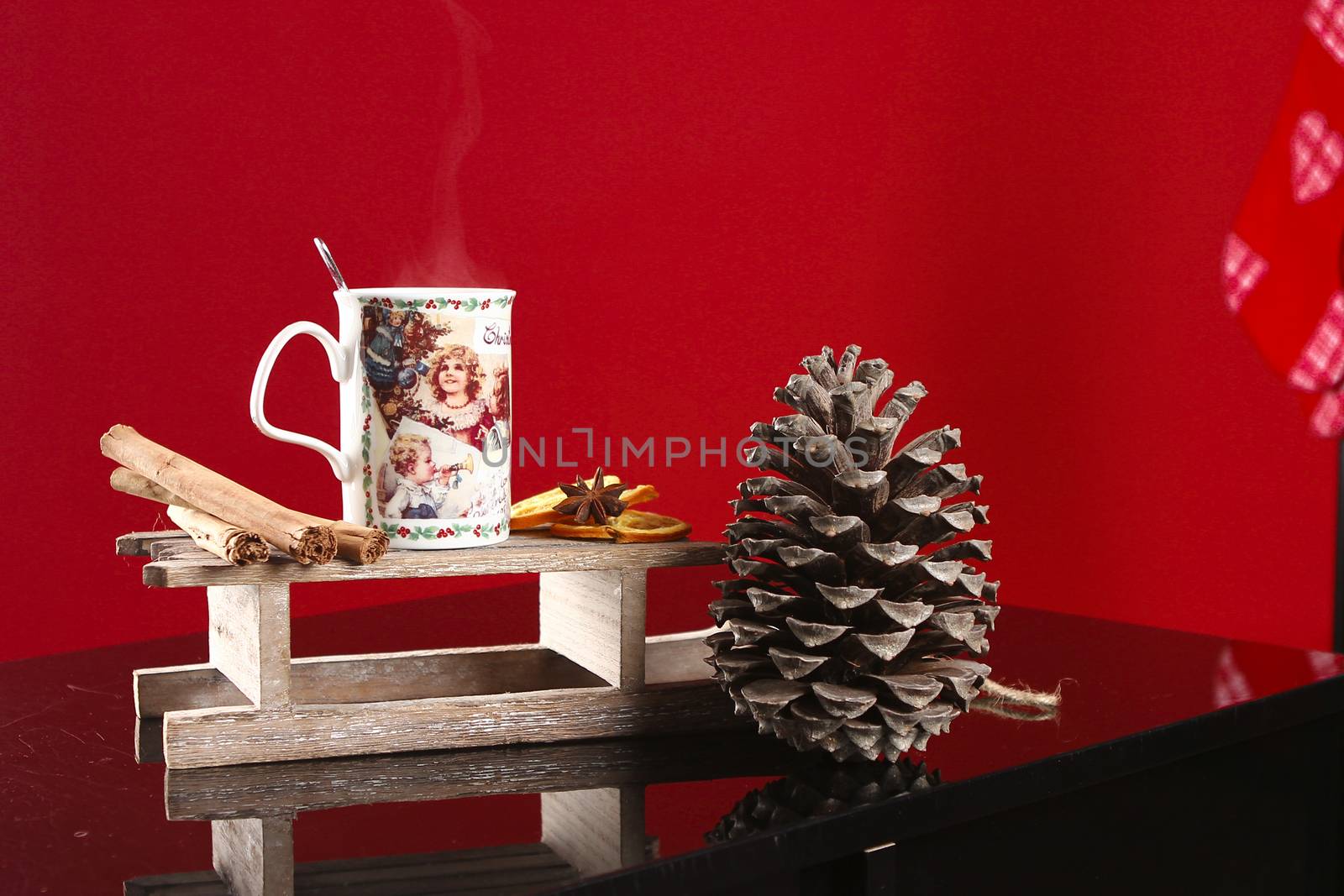 christmas setting with hot drink with copy space
