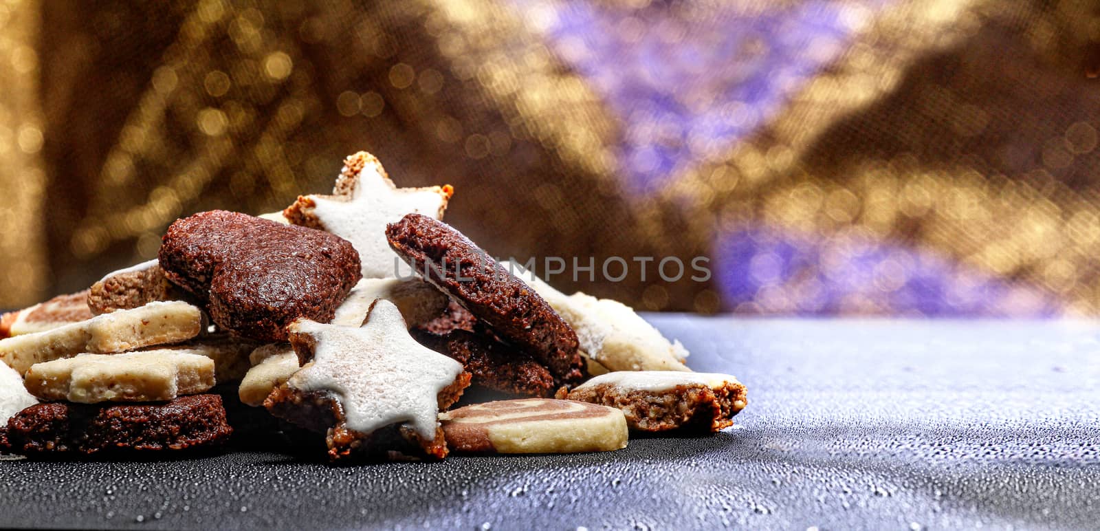 christmas decor with cookies, anis and on a table with copy space