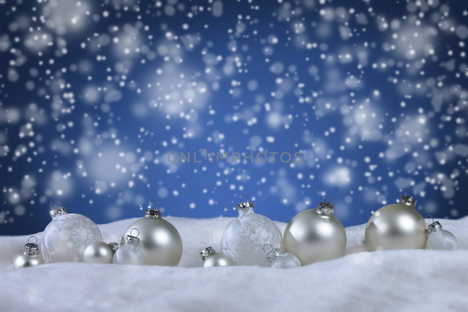 christmas balls with snow background with copy space