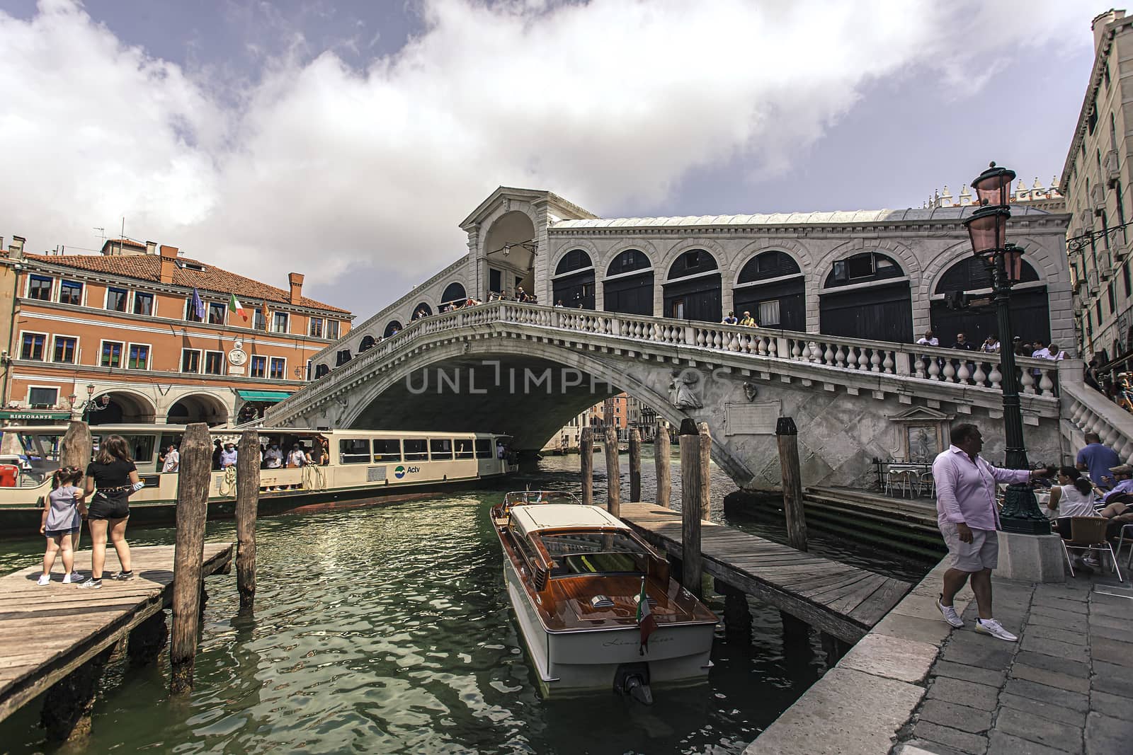 VENICE, ITALY 2 JULY 2020: Three quarter view of the Rialto bridge in Venice