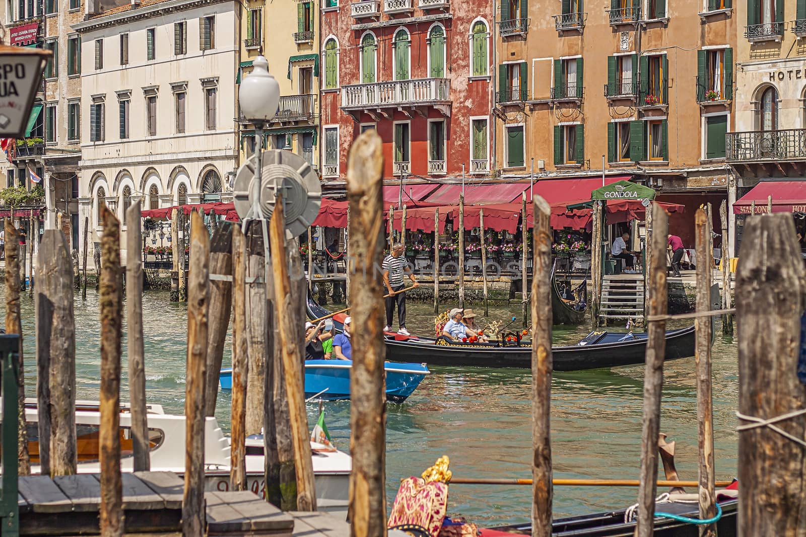 VENICE, ITALY 2 JULY 2020: Canal grande landscape with boats and gondolas in Venice