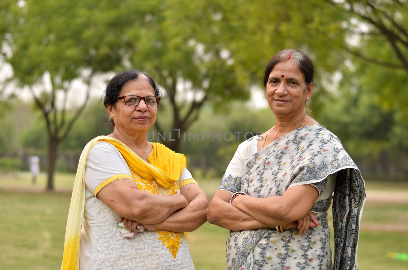 Portrait of two senior Indian women friends sisters women standing in a park wearing saree and salwar kamiz with crossed / folded hands during summers in New Delhi, India