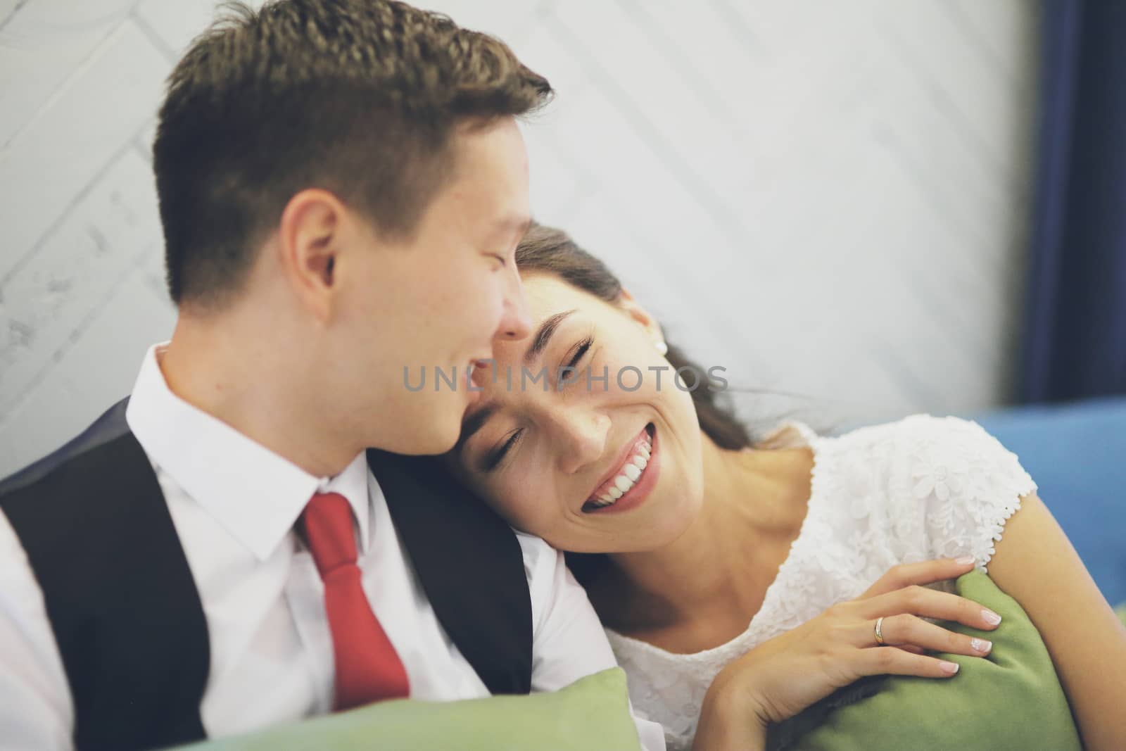 The bride and groom are smiling. Wedding. Happy family concept. High quality photo