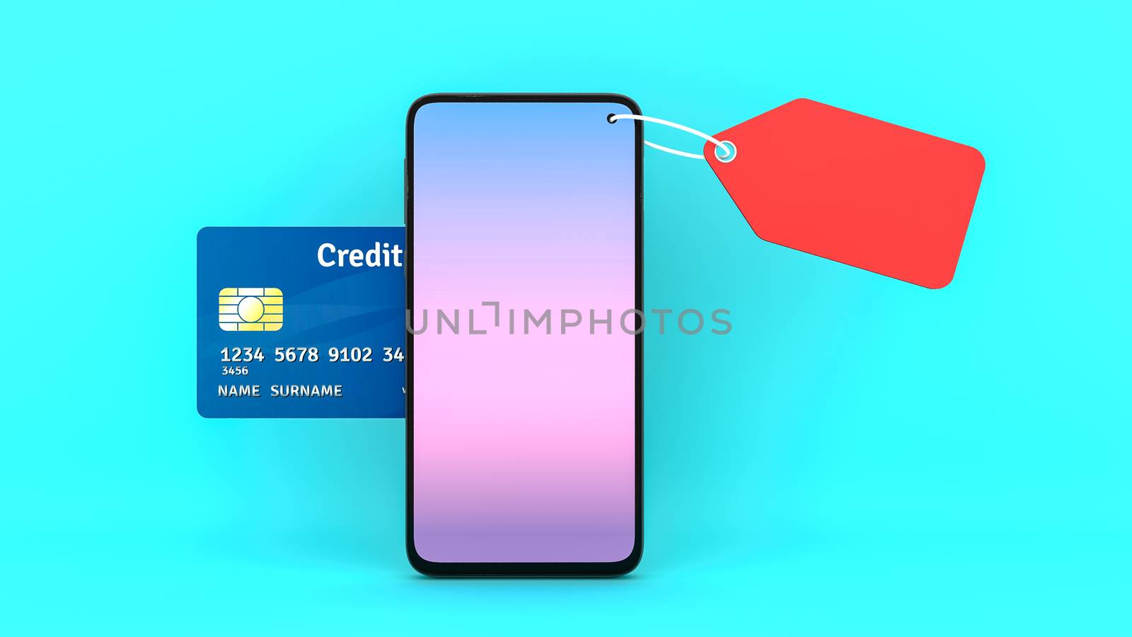 Price tag and credit card appeared from smartphones screen., shopping online or shopaholic concept, 3D rendering. by anotestocker