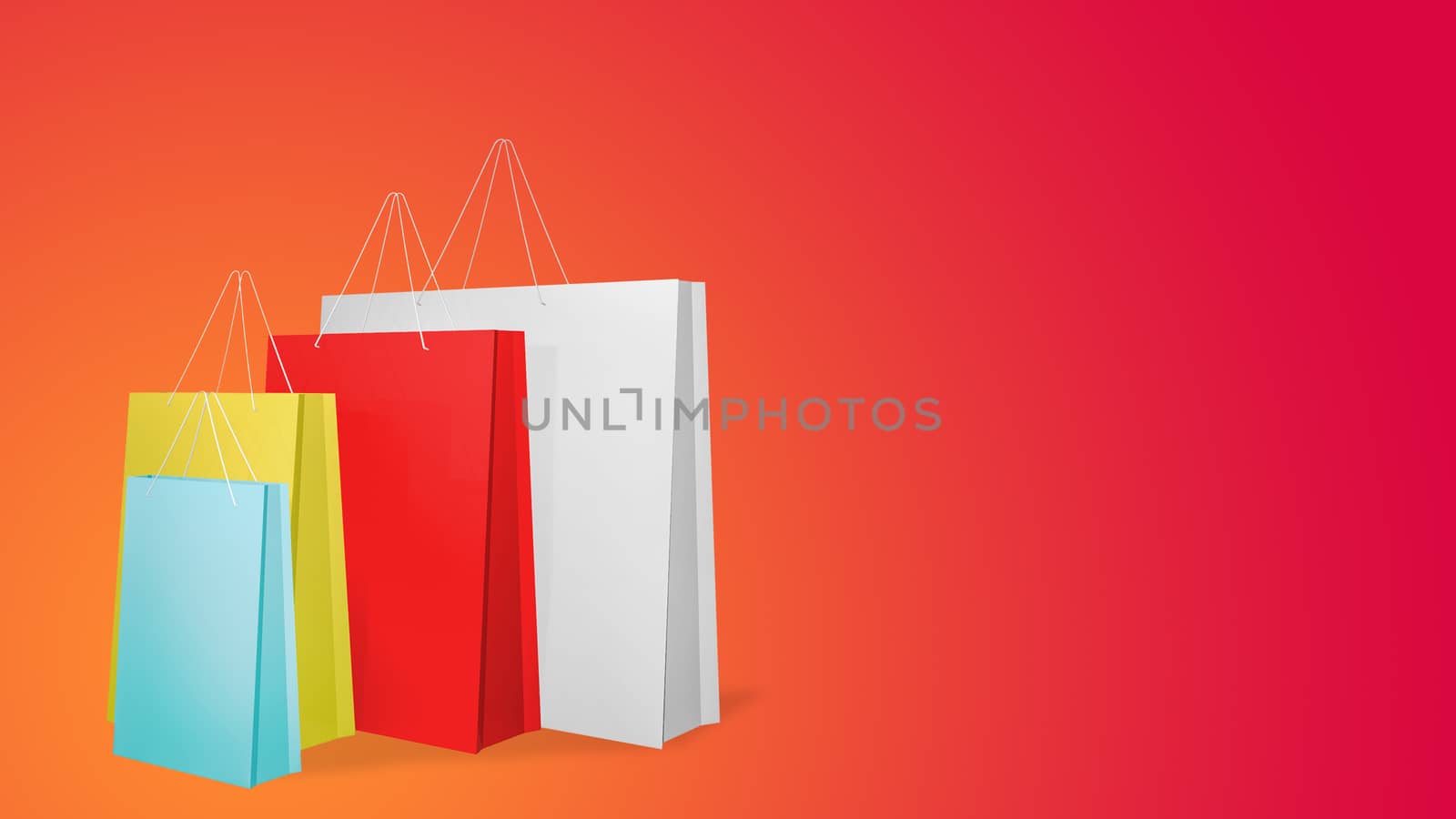 Colourful paper shopping bags on red Background., 3D rendering. by anotestocker