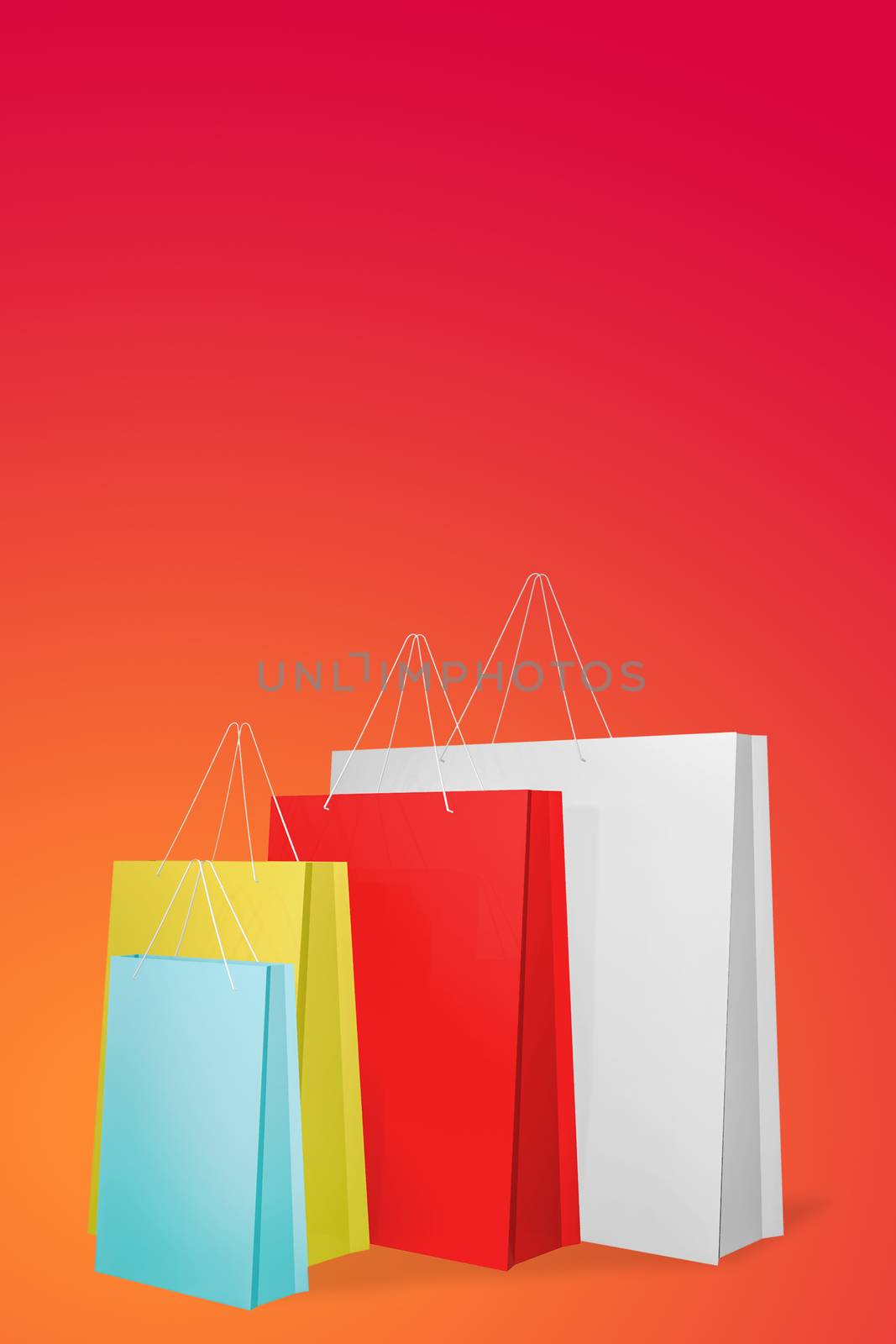 Colourful paper shopping bags on red Background., 3D rendering.