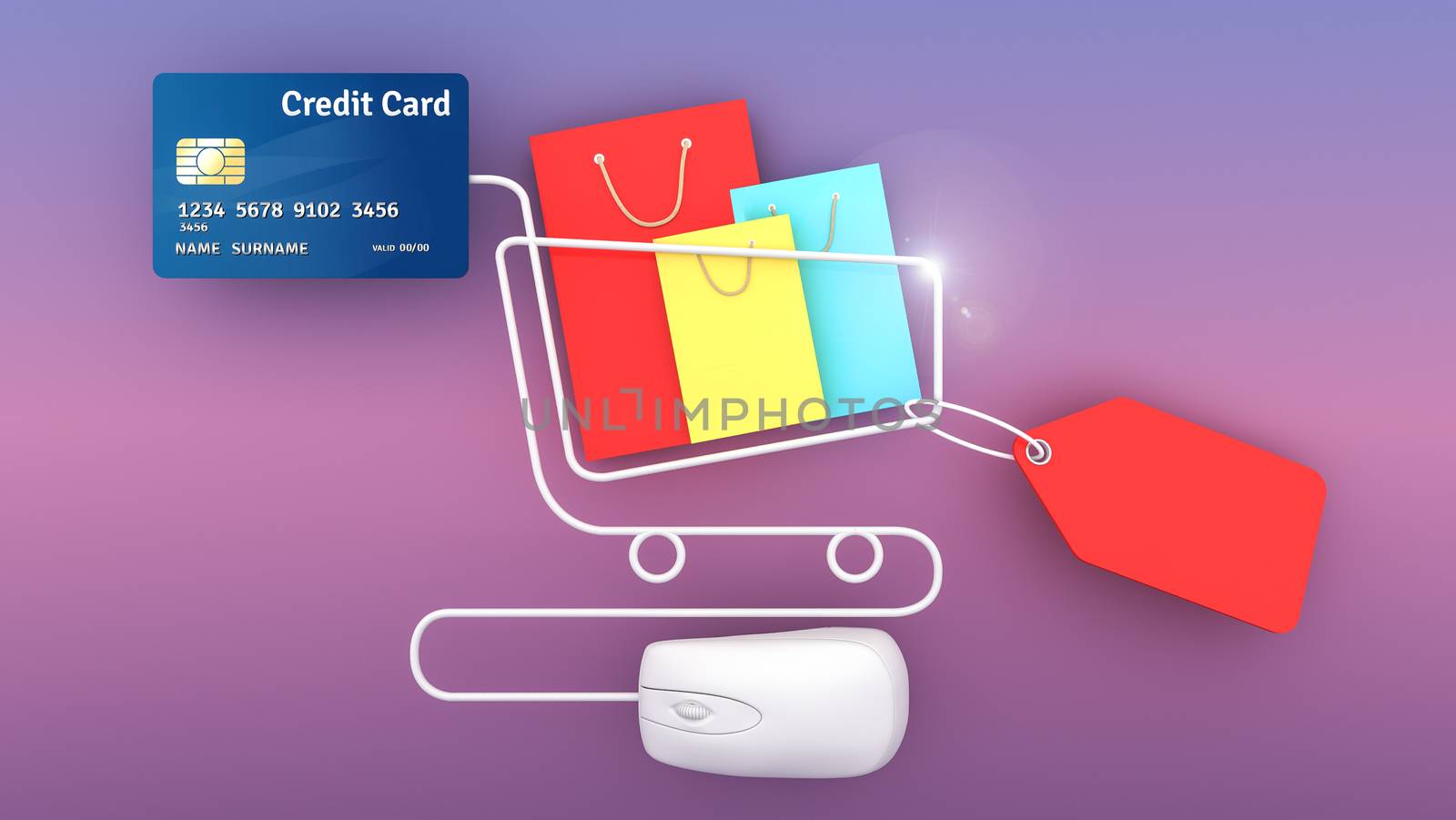 Colourful paper shopping bags and price tag and credit card with computer mouse., shopping online concept or shopaholic concept, 3D rendering.