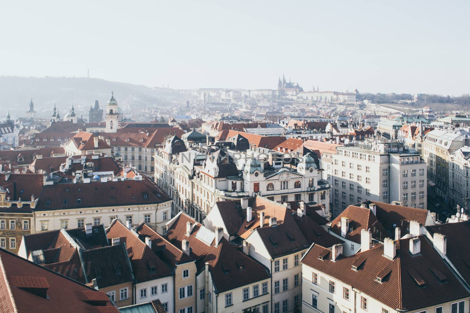cityscape of Prague on a sunny and cold winter day