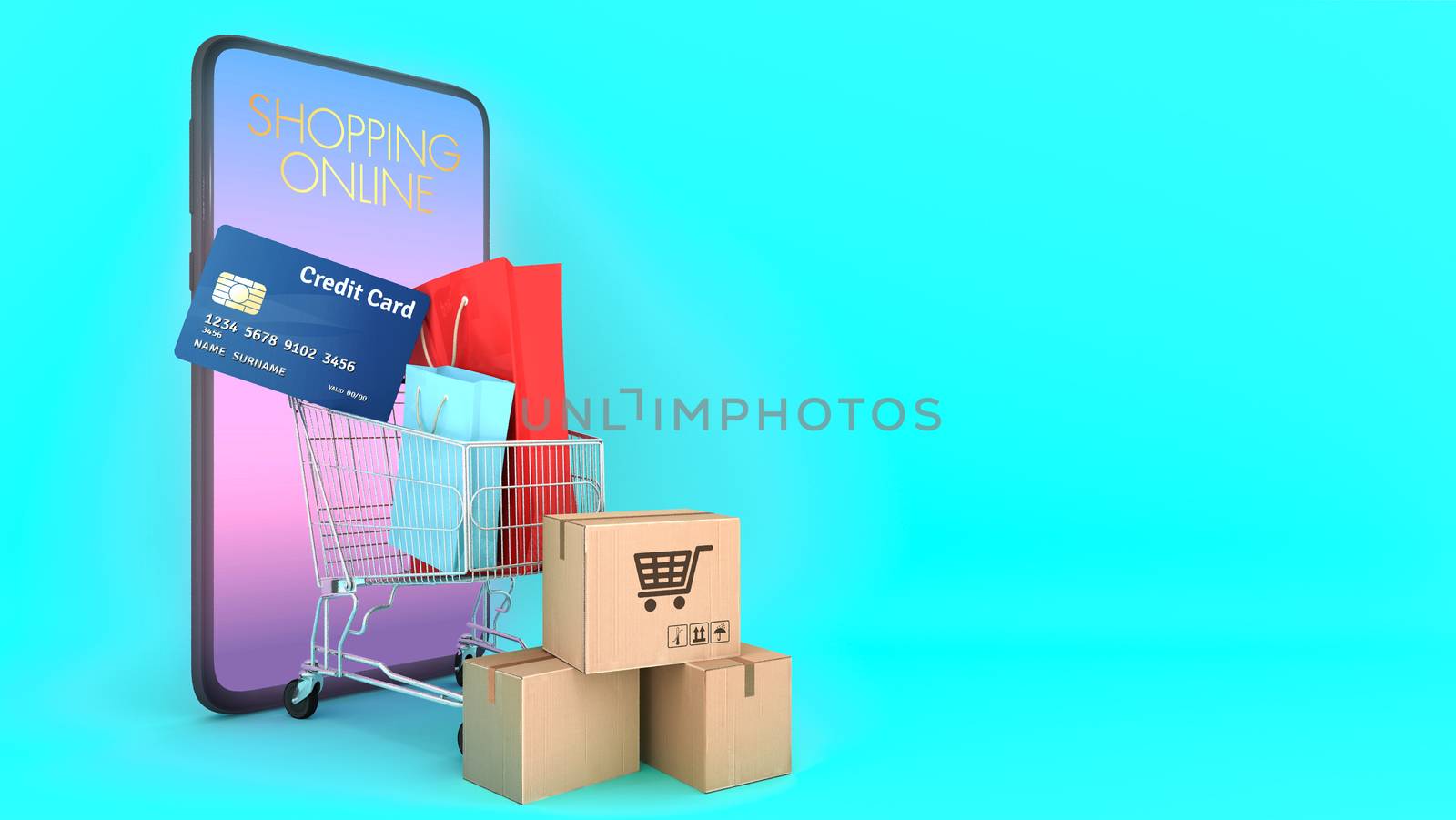 Many Paper boxes and Colourful paper shopping bags and credit card in a shopping cart appeared from smartphones screen., shopping online or shopaholic concept, 3D rendering. by anotestocker